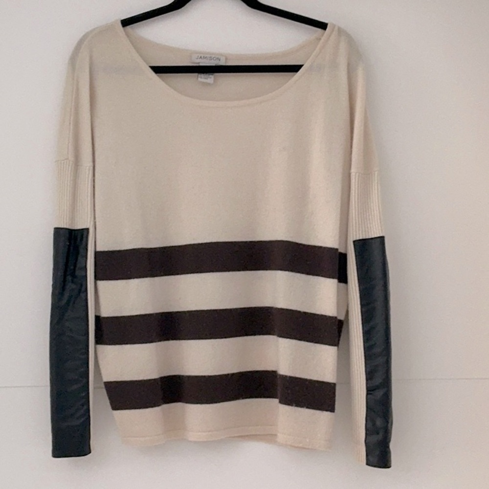 Cream and Black Striped Sweater with Leather Sleeves